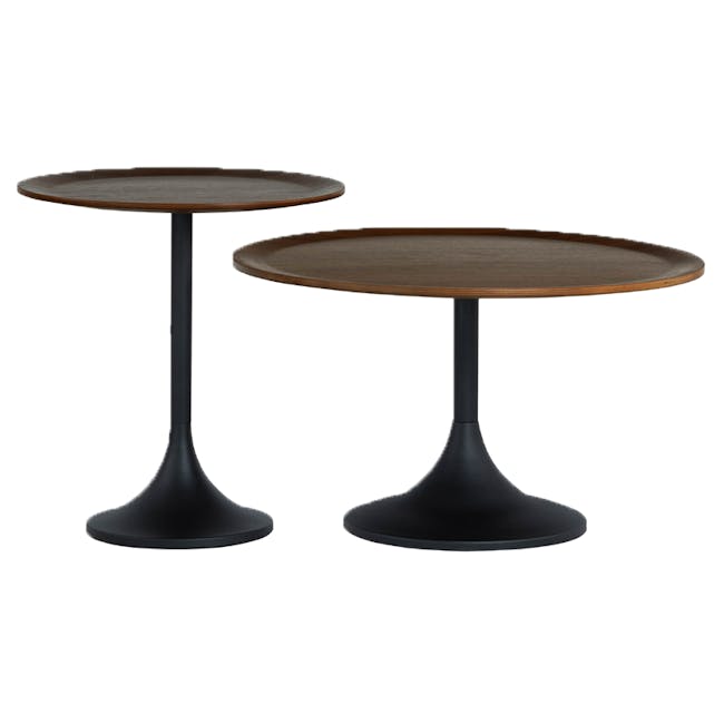 (As-is) Pablo Round Coffee Table - Walnut - 2 - 14 - Round tables with dark wooden tops and sleek black legs, minimalist