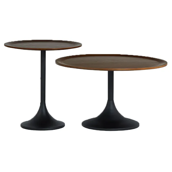 (As-is) Pablo Round Coffee Table - Walnut - 2 - 14 - Round tables with dark wooden tops and sleek black legs, minimalist