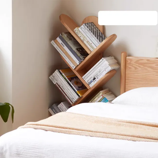 Tresa 8-tier Display Bookshelf - Oak - 4 - Wooden bookshelf, neatly organized books, cozy bed, white bedding, natural light