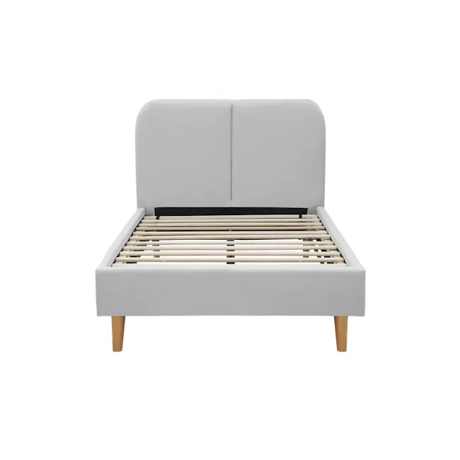 Nolan King Bed in Silver Fox with 2 Miah Bedside Table in White - 3 - White modern bed with wooden slats, minimalist design