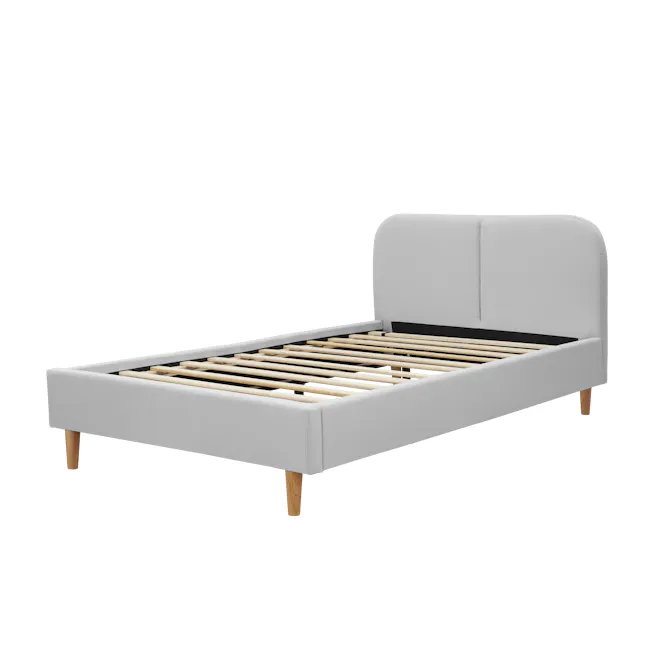 Nolan King Bed - Silver Fox - 4 - White modern bed with wooden slats, minimalist design, wooden leg support, clean lines