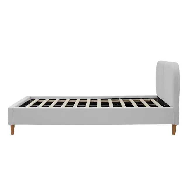 Nolan King Bed - Silver Fox - 5 - Modern minimalist bed frame, light gray upholstered headboard, wooden slats, clean lines