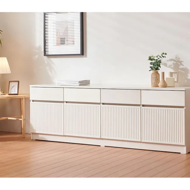 Wynn TV Console 1.8m - White - 3 - White radiator, wooden floor, minimalist decor, natural light, indoor plants, framed
