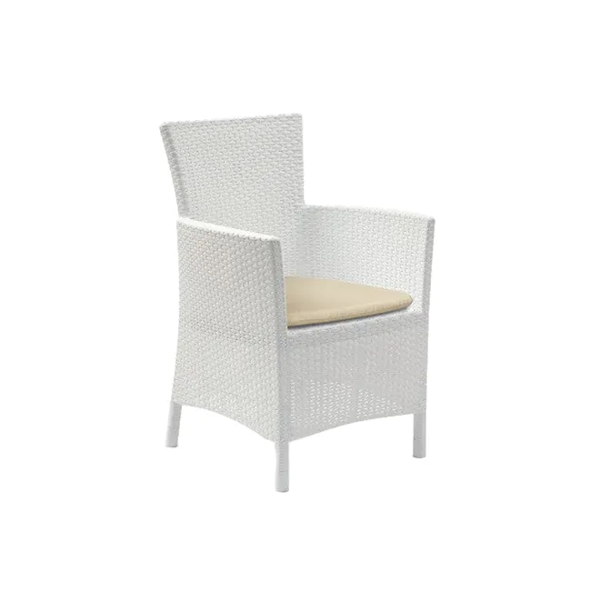 Iowa Outdoor Armchair - White - 1 - White wicker patio chair, beige cushion, modern outdoor furniture, stylish dining chair