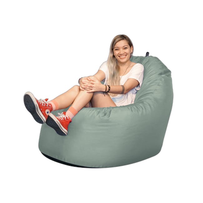 Doob Oomph Water-Repellent Bean Bag Chair - Sage Green (2 Sizes) - 2 - woman sitting on bean bag chair, casual attire, red