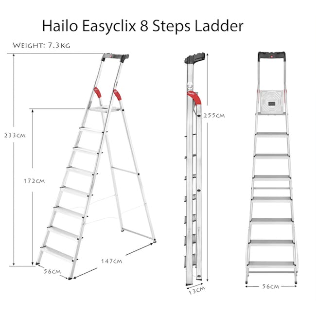 Hailo Aluminium 8 Step Ladder (2 Step Sizes) - 8cm Wide Step Ladder - 2
