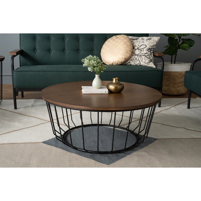 (As-is) Freida Round Coffee Table - Black, Cocoa - 2 - 6 - Modern living room, cozy seating, green tufted sofa, wooden