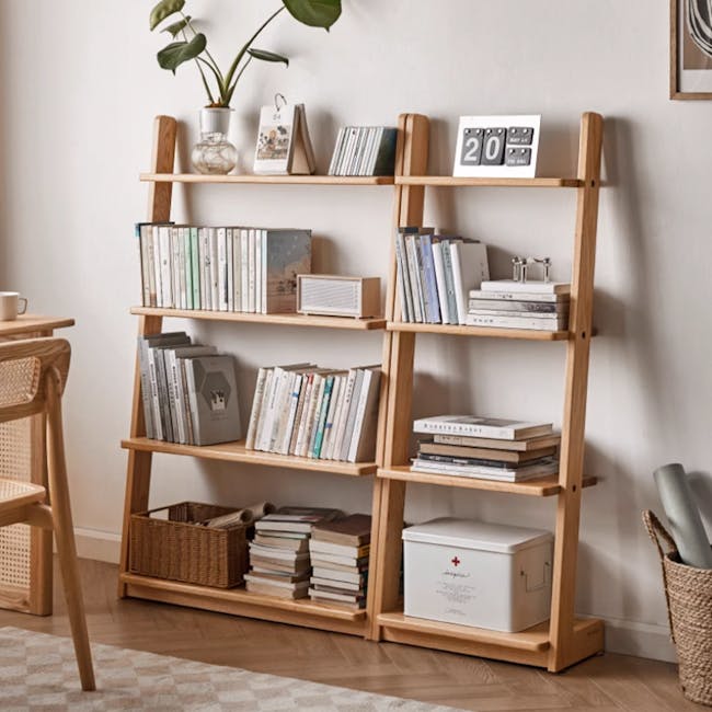Hibana Leaning Display Bookshelf 0.5m - Oak - 2 - Wooden bookshelf, minimalist design, neatly organized, books, plant