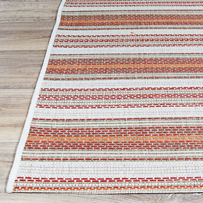 Marbella Flatwoven Rug - Coral Ivory Pewter (3 Sizes) - 4 - Multicolored woven rug, vibrant stripes, textured design