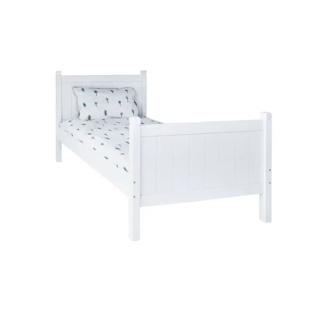Matt Modular Super Single Bed - 1 - White wooden bed with decorative pillow, minimalist design, cozy bed frame, modern