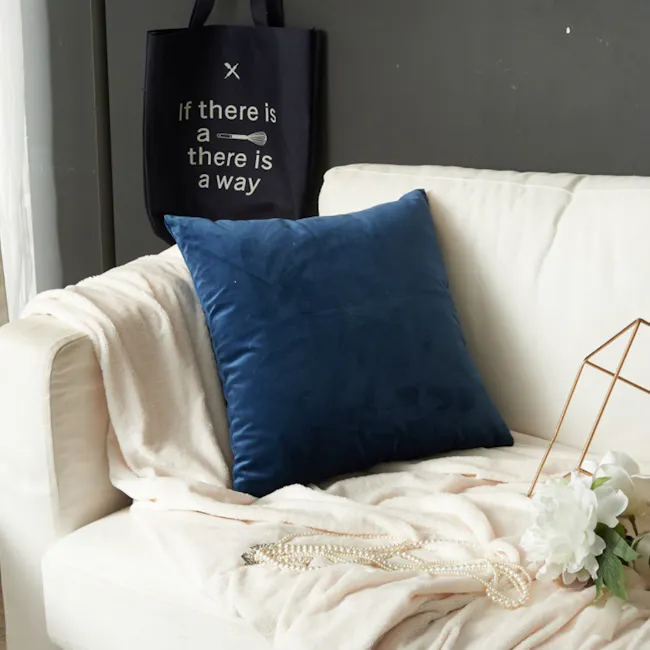 Alyssa Velvet Cushion Cover - Ultramarine - 2 - White sofa, navy blue pillow, beige throw, gold geometric vase, pearl
