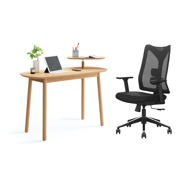 Swivo Table 1.2m - Natural with Damien Mid Back Office Chair - Black (Waterproof) - 0