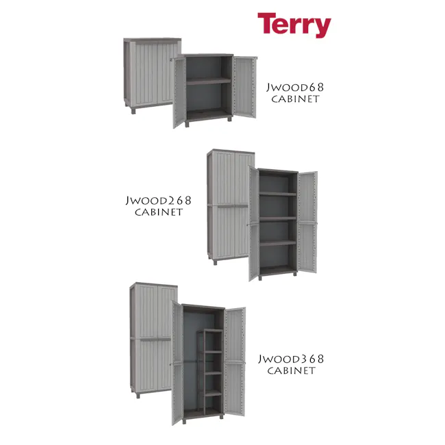 Terry Jwood368 Outdoor Cabinet - 4 - JWood68 cabinet, open shelves, gray interior, metal frame, 3D rendering, minimalist