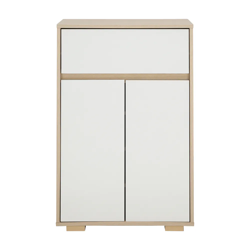 Maren Shoe Cabinet - 11 - Wooden cabinet with mirrored doors, minimalist design, light wood finish, simple structure, two