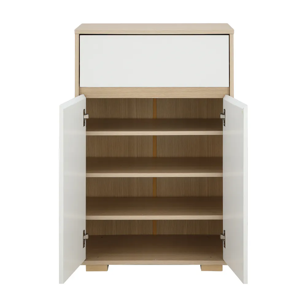 Maren Shoe Cabinet - 12 - Wooden cabinet with open doors, minimalist design, light wood finish, white interior, empty