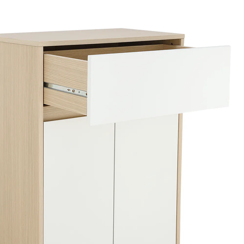 Maren Shoe Cabinet - 14 - Wooden side table with open drawer, minimalist design, light wood finish, white drawer, integrated