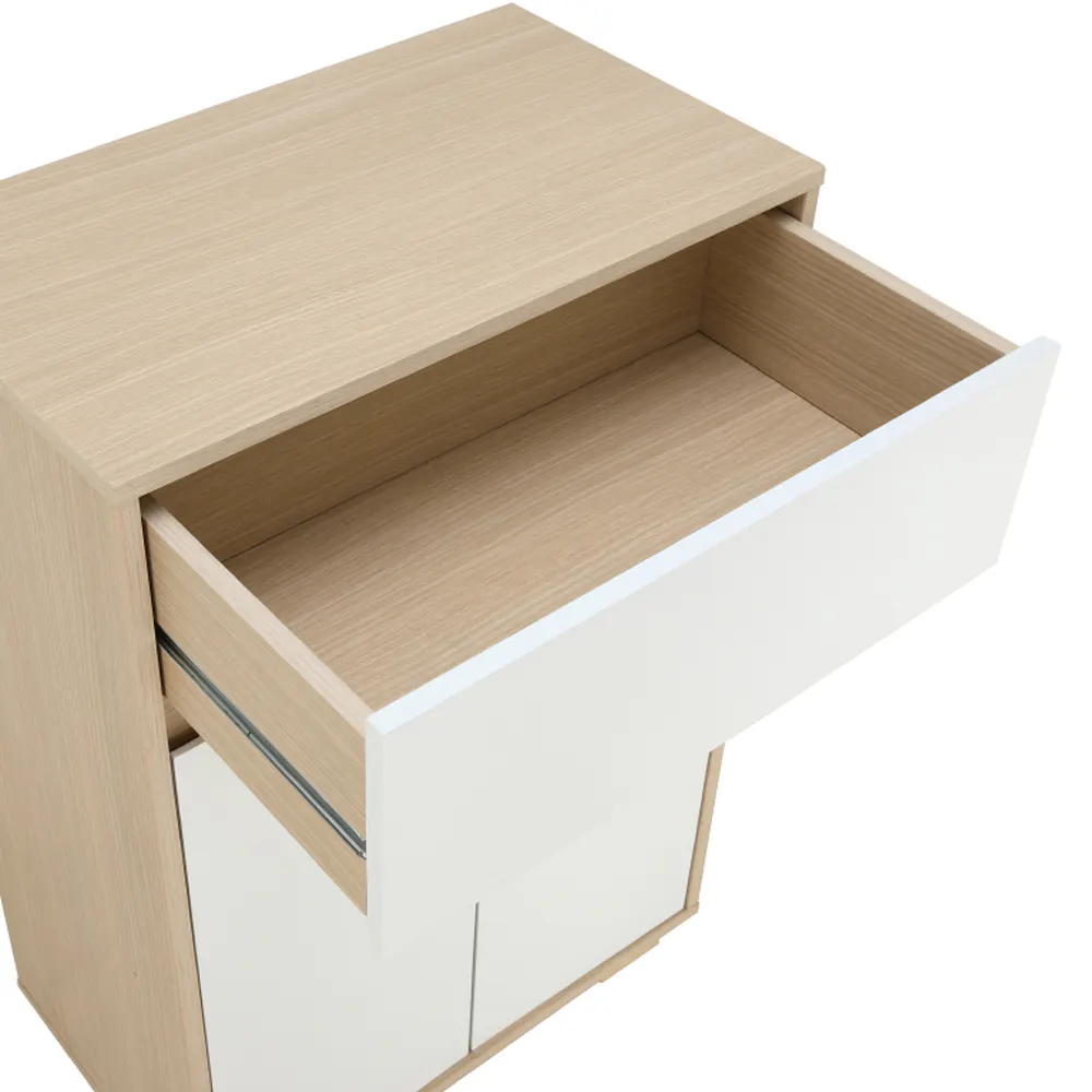 Maren Shoe Cabinet - 15 - Wooden desk with open drawer, minimalist design, light wood finish, white drawer unit, open