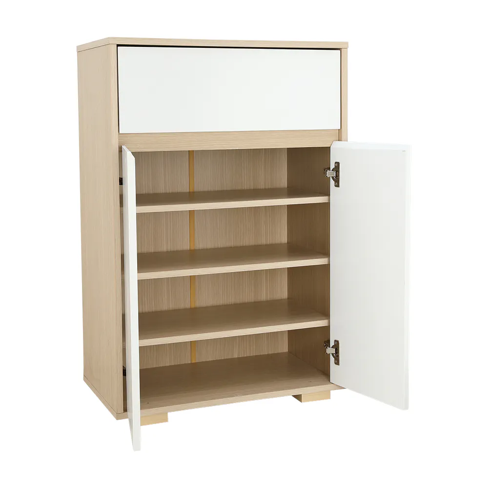 Maren Shoe Cabinet - 13 - Wooden, minimalist, open shelving, light wood finish, simple design, empty shelves, white