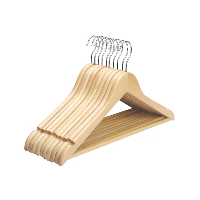 Wooden Hanger - Natural - 2 - Wooden hanger with curved arms, metal loop, light beige finish, ergonomic design, multiple