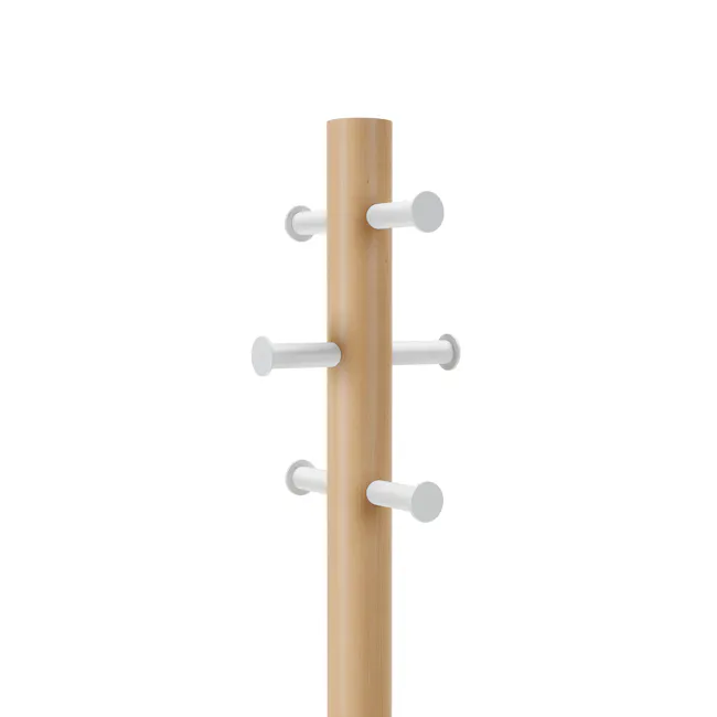 Pillar Coat Rack with Stool - White, Natural - 7 - Wooden pole with four white cylindrical supports, minimalist design