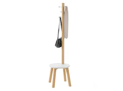 Pillar Coat Rack with Stool - White, Natural