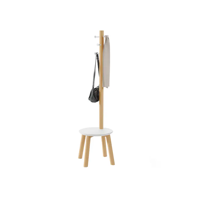 Pillar Coat Rack with Stool - White, Natural - 1 - Wooden stand with white circular base, beige curtain hanging, black bag