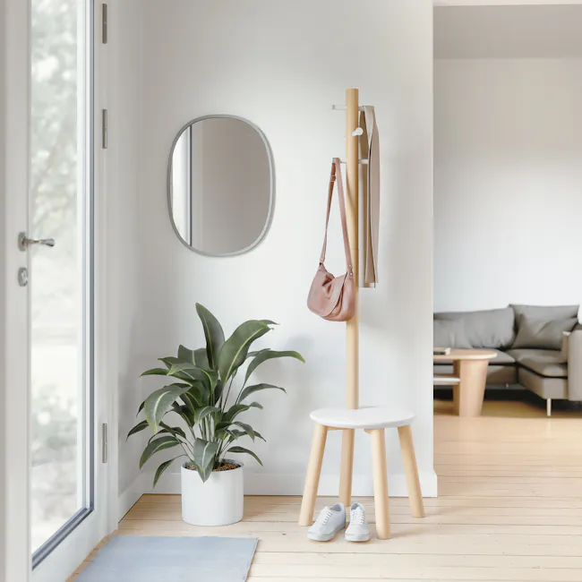 Pillar Coat Rack with Stool - White, Natural - 2 - Minimalist interior, modern decor, white walls, large mirror, potted