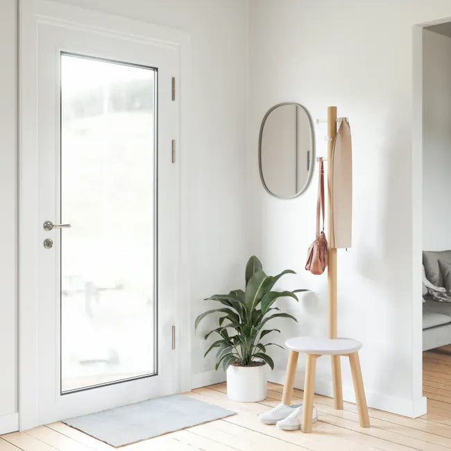 Pillar Coat Rack with Stool - White, Natural - 3 - Glass door, white walls, minimalist decor, potted plant, wooden floor