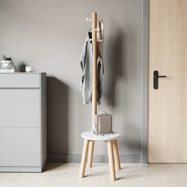 Pillar Coat Rack with Stool - White, Natural - 4 - Gray clothing rack, light wooden door, minimalist furniture, light gray