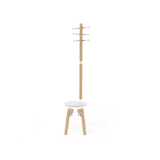 Pillar Coat Rack with Stool - White, Natural - 11 - Wooden stand with multiple hooks, minimalist design, modern aesthetic