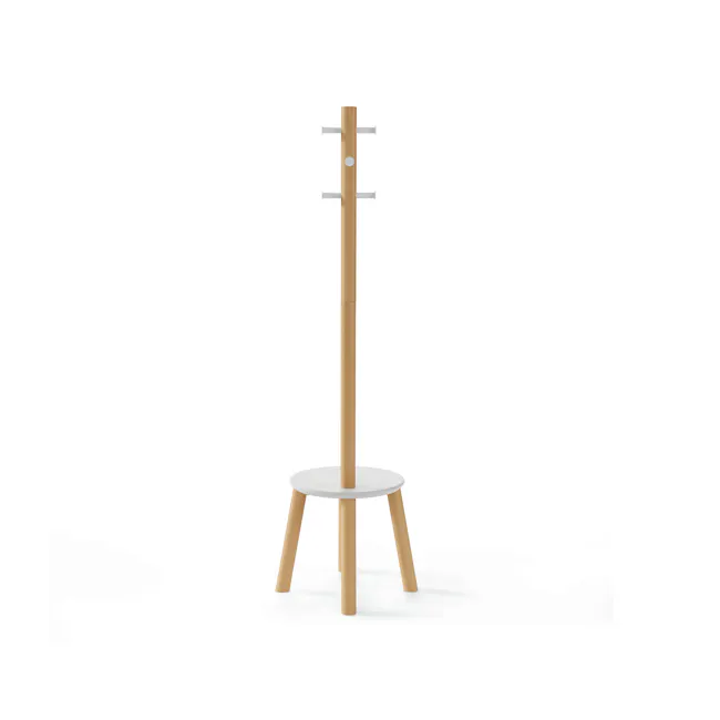 Pillar Coat Rack with Stool - White, Natural - 10 - Wooden stand with metal rods, minimalist design, modern aesthetic