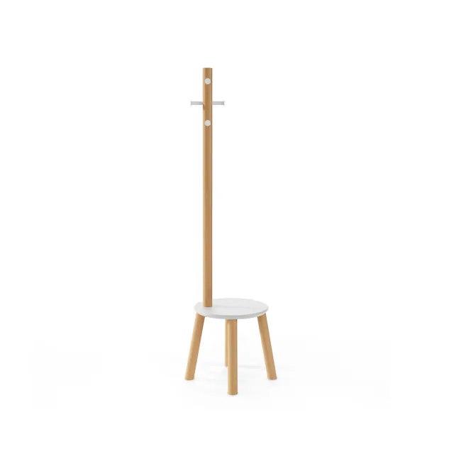 Pillar Coat Rack with Stool - White, Natural - 6 - Wooden stool, minimalist design, modern aesthetic, simple structure