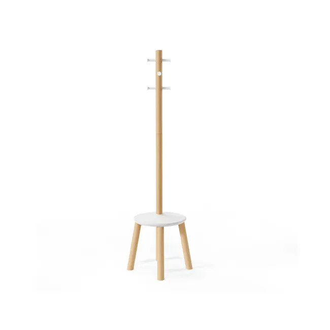 Pillar Coat Rack with Stool - White, Natural - 9 - Light wood stand with metal hooks, minimalist design, modern aesthetic