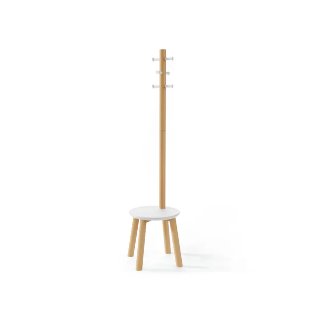 Pillar Coat Rack with Stool - White, Natural - 5 - Wooden chair, minimalist design, natural wood finish, simple structure