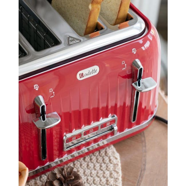 Odette Jukebox 4-Slice Bread Toaster - Red - 3 - Red toaster with two slots, stainless steel handles, "Codette" logo