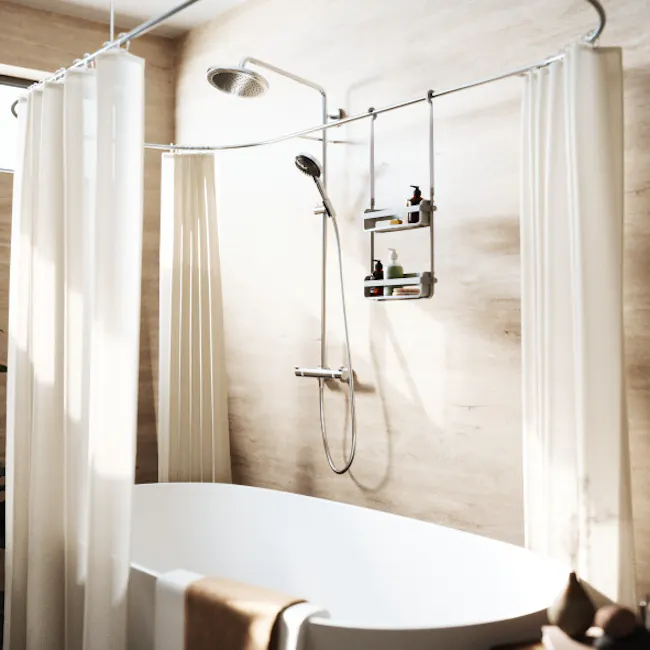 Flex Shower Caddy - Grey - 3 - Modern bathroom with sleek design, white bathtub, built-in shower with rain showerhead, beige
