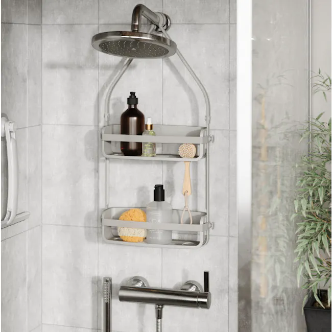 Flex Shower Caddy - Grey - 4 - Step-by-step shower setup, modern bathroom design, sleek fixtures, glass shower door, tiled