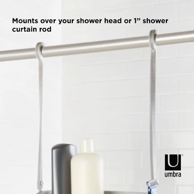 Flex Shower Caddy - Grey - 9 - Mounts over shower head or 1-inch shower curtain rod, white tiled wall, modern bathroom