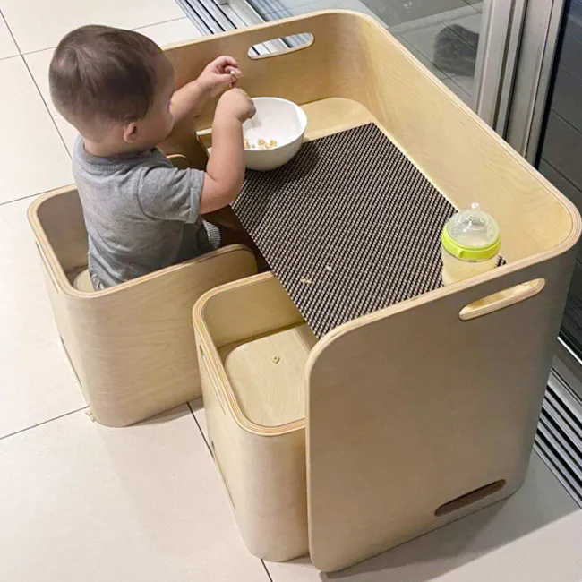 Aiden Kids Table Set - Single Chair - 5 - Wooden baby bouncer, toddler sitting, white bowl, black and white mat, baby