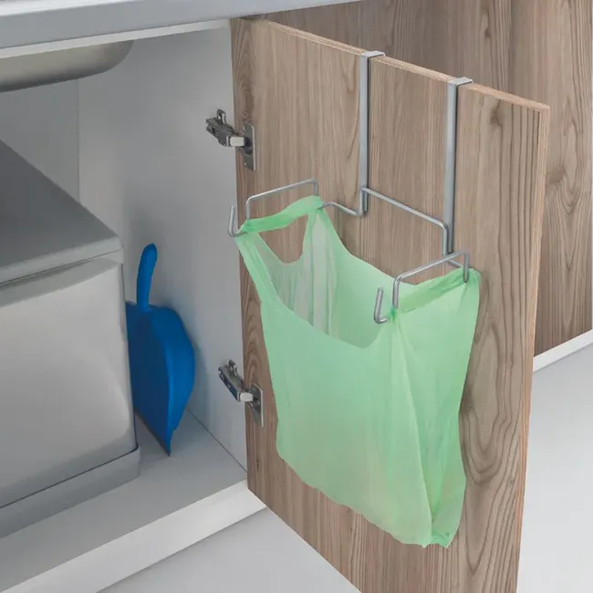 Metaltex Plastic Bag Holder - Silver - 3 - Wooden cabinet, metal hangers, green mesh bag, laundry room, under-counter
