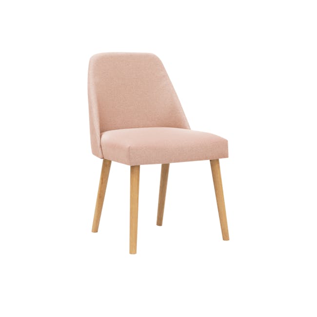 Miranda Chair - Natural, Peach Pink - 1 - Faux pink upholstered chair, light wooden legs, minimalist design, soft fabric