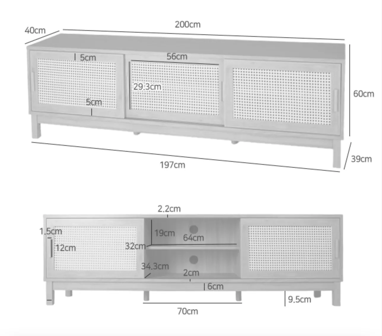 Belig Rattan TV Console 2m - Oak - 10 - Sleek, modern cabinet with perforated design, Adjustable height storage unit with