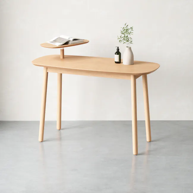 (As-is) Swivo Table 1.2m - Natural - 7 - Light wooden table, minimalist design, round top, light wood legs, light gray