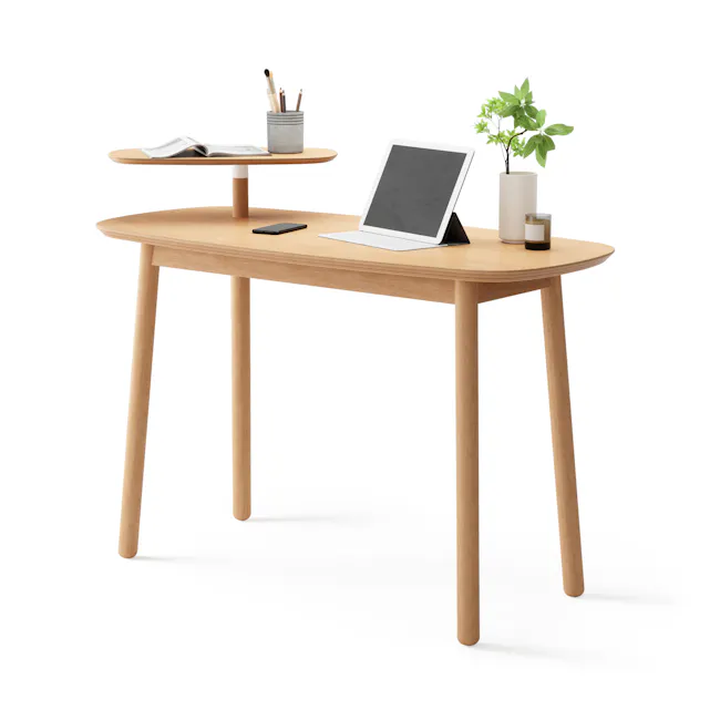 (As-is) Swivo Table 1.2m - Natural - 12 - Wooden desk, minimalist design, open book, pencil holder, laptop, tablet stand