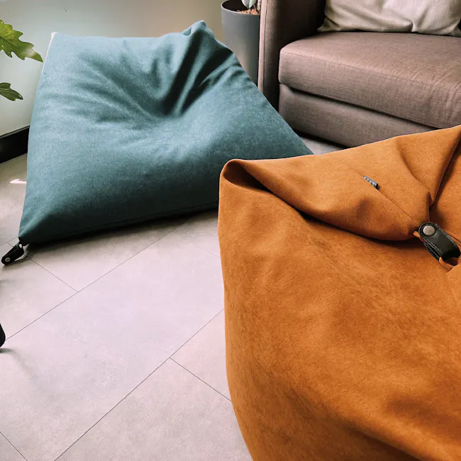 Magic 3-in-1 Bean Bag - Light Grey - 5 - Teal cushion, brown cushion, orange cushion, gray sofa, green plant, light gray