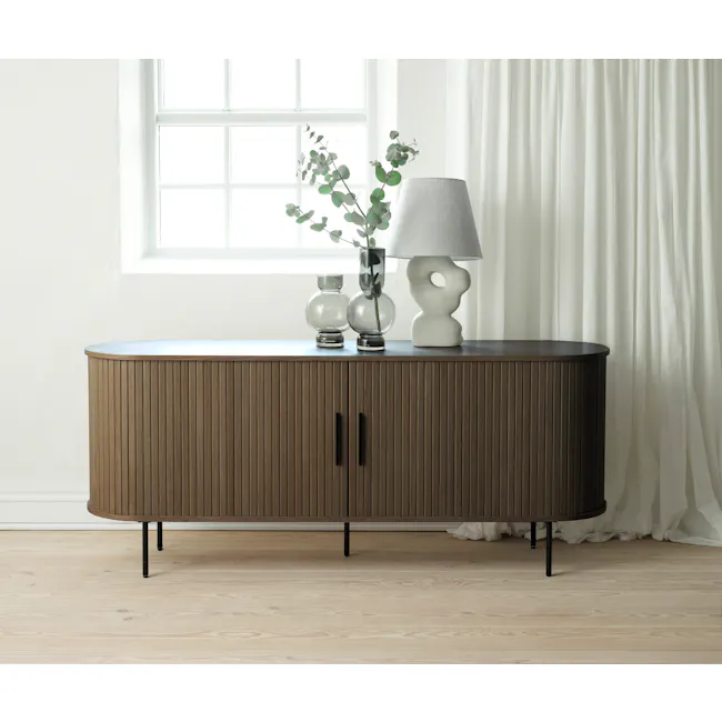 Nola Sideboard 1.8m - Walnut - 2 - White curtains, minimalist decor, round wooden table, black metal legs, natural light