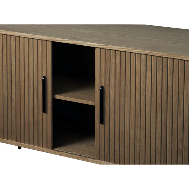 Nola Sideboard 1.8m - Walnut - 4 - Wooden cabinet with vertical slats, black handles, open shelves, minimalist design
