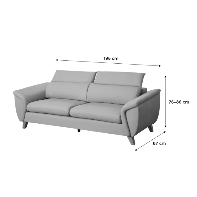 Jordyn 3 Seater Sofa with Adjustable Headrest - Dark Grey (Pet Friendly) - 12 - Modern gray sofa, 198 cm in height, 76-86 cm