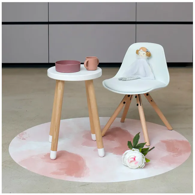 Toddlekind Prettier Round Splat Mat 1m - Sunrise - 5 - White modern chair, pink and white table, doll with blonde hair