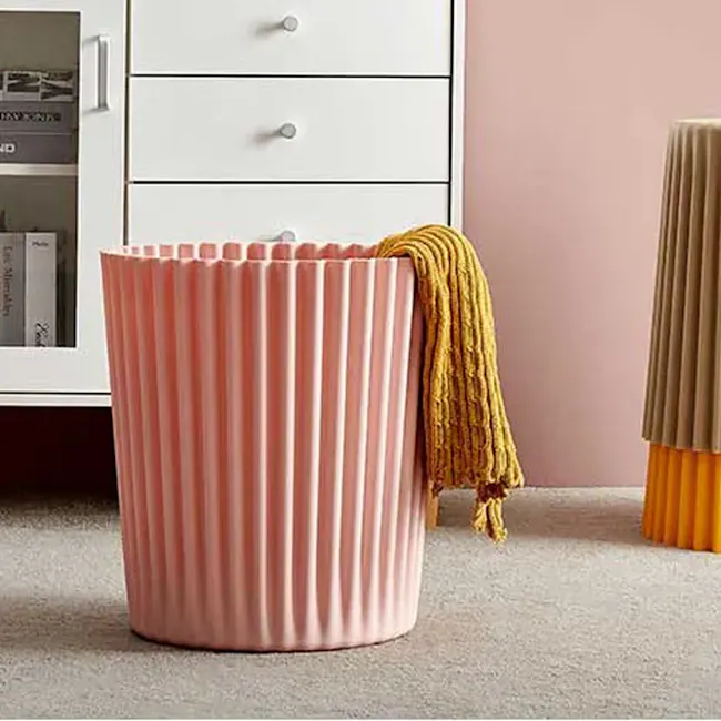 Ames Stackable Storage Stool - Baby Pink - 3 - pink striped trash can, cozy corner decor, modern living room, soft pastel